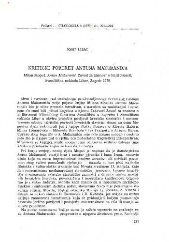 Kritički portret Antuna Mažuranića : [prikaz] : Milan Moguš, Antun Mažuranić, Zavod za znanost o književnosti, SNL, Zagreb 1978. / Josip Lisac