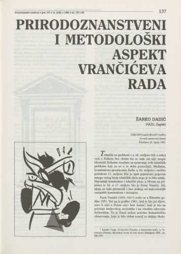 Prirodnoznanstveni i metodološki aspekt Vrančićeva rada / Žarko Dadić