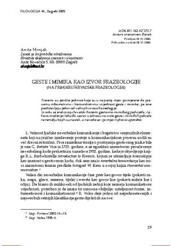 Geste i mimika kao izvor frazeologije : (na primjeru hrvatske frazeologije) / Anita Hrnjak