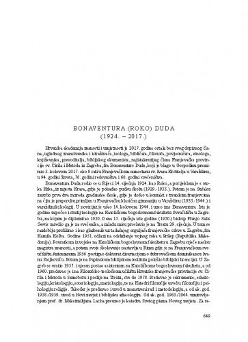 Bonaventura (Roko) Duda (1924.-2017.) : [nekrolog] / Franjo Šanjek