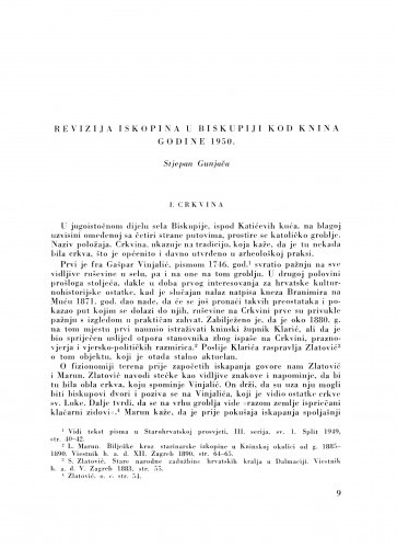 Revizija iskopina u Biskupiji kod Knina godine 1950 / S. Gunjača