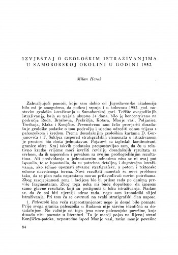 Izvještaj o geološkim istraživanjima u samoborskoj okolini u godini 1952. / M. Herak