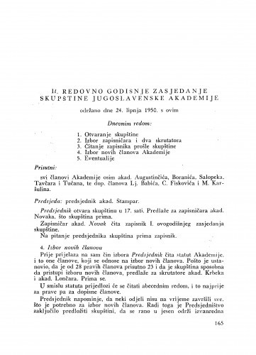 II. redovno godišnje zasjedanje skupštine Jugoslavenske akademije : održano dne 24. lipnja 1950.