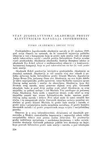 Stav Jugoslavenske akademije protiv klevetničkih napadaja Informbiroa : pismo akademika drugu Titu