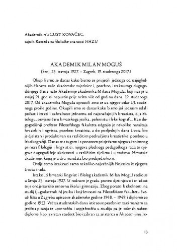 Akademik Milan Moguš : (Senj, 25. travnja 1927. - Zagreb, 19. studenoga 2017.) / August Kovačec