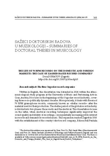 The Life of 78 RPM Records on the Domestic and Foreign Markets: The Case of Zagreb-Based Record Companies / Dora Dunatov