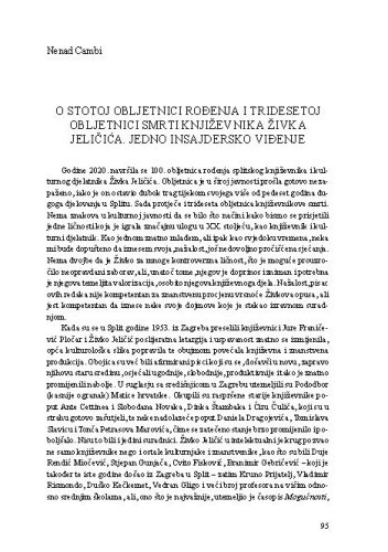 O stotoj obljetnici rođenja i tridesetoj obljetnici smrti književnika Živka Jeličića. Jedno insajdersko viđenje / Nenad Cambi