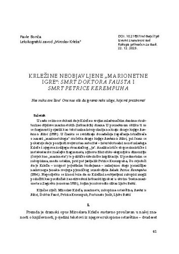 Krležine neobjavljene „marionetne igre“: Smrt doktora Fausta i Smrt Petrice Kerempuha / Pavle Bonča