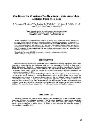 Conditions for creation of Ge quantum dots in amorphous matrices using MeV ions / I. Bogdanović Radović, M. Buljan, M. Karlušić, N. Skukan, I. Božičević, M. Jakšić, G. Dražić, S. Bernstorff