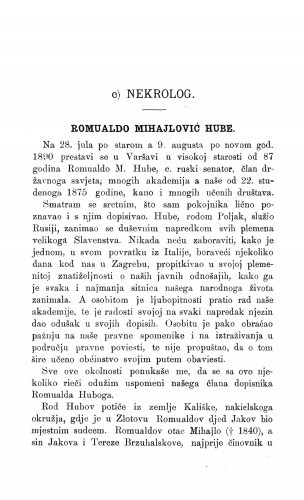 Romualdo Mihajlović Hube : [nekrolog.] / F. Rački
