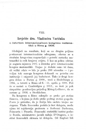 Izvješće o četvrtom internacionalnom kongresu matematikâ u Rimu g. 1908 / V. Varićak