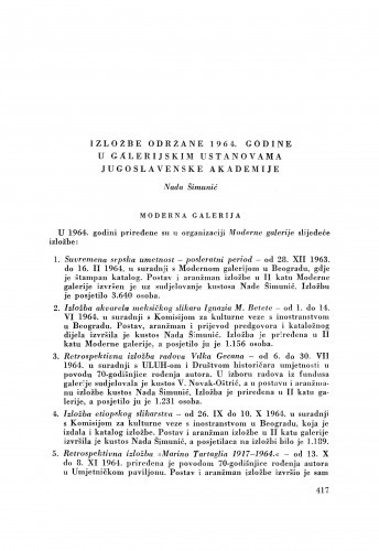 Izložbe održane 1964. godine u galerijskim ustanovama Jugoslavenske akademije / N. Šimunić