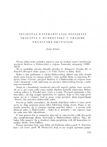 Izvještaj o istraživanju povijesti školstva u Dubrovniku u vrijeme francuske okupacije / J. Jernej