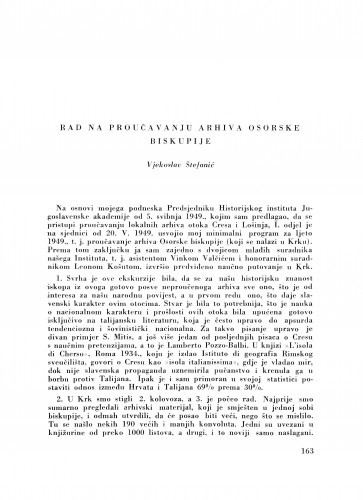 Rad na proučavanju arhiva Osorske biskupije / V. Štefanić