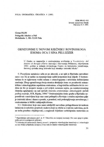 Ornitonimi u novom rječniku rovinjskoga idioma oca i sina Pellizzer / Goran Filipi