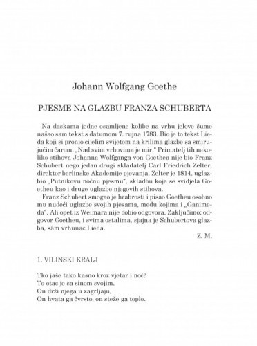 Pjesme na glazbu Franza Schuberta / Johann Wolfgang Goethe ; preveo Zvonimir Mrkonjić