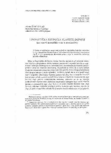 Lingvistička definicija vlastite imenice (na osnovi imeničkih veza u nominativu) / Alenka Šivic-Dular