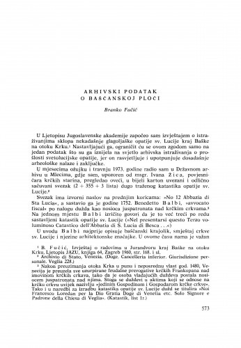 Arhivski podatak o Bašćanskoj ploči : [izvještaji i rasprave] / B. Fučić