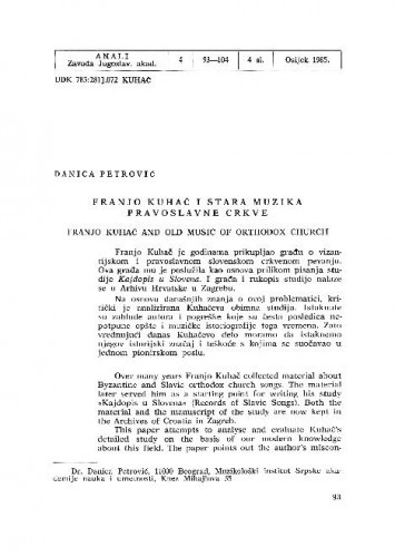 Franjo Kuhač i stara muzika pravoslavne crkve / Danica Petrović