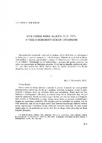 Dva pisma Miha Klaića iz g. 1875. u vezi s hercegovačkim ustankom / Ivanko Bendiš
