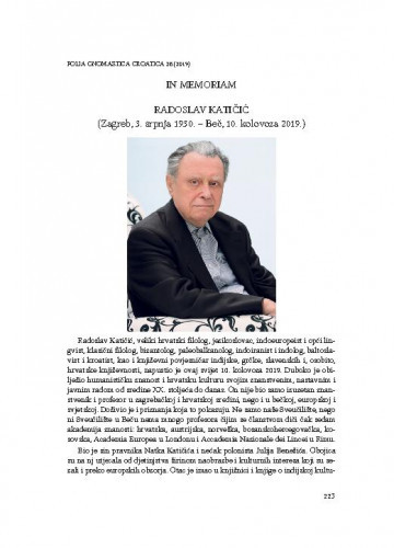 Radoslav Katičić (Zagreb, 3. srpnja 1930. – Beč, 10. kolovoza 2019.) : in memoriam / Mislav Ježić