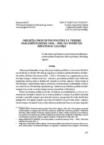 Obilježja prosvjetne politike za vrijeme parlamentarizma (1918.–1929.) na području Hrvatskog zagorja / Suzana Jagić