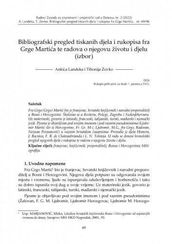 Bibliografski pregled tiskanih djela i rukopisa fra Grge Martića te radova o njegovu životu i djelu : (izbor) / Ankica Landeka i Tihonija Zovko