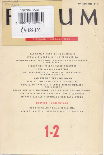 God. 25(1986), knj. 51, br. 1-2 (siječanj-veljača) / glavni i odgovorni urednik Marin Franičević