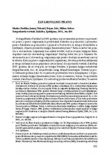 Marko Pavliha; Jernej Veberič; Dejan Srše; Milan Gobec, Zavarovalno pravo, Gospodarski vestnik Založba, Ljubljana, 2021. : [prikaz] / Dragan Bolanča