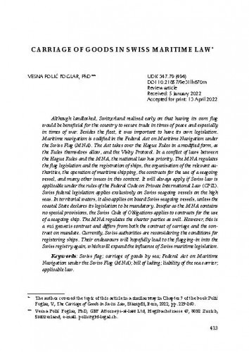 Carriage of Goods in Swiss Maritime Law / Vesna Polić Foglar