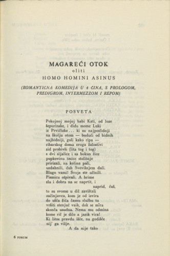 Magareći otok oliti homo homini asinus : (romantična komedija u 4 čina, s prologom, predigrom, intermezzom i repom) / V. Parun
