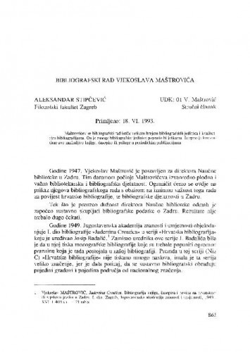 Bibliografski rad Vjekoslava Maštrovića / Aleksandar Stipčević