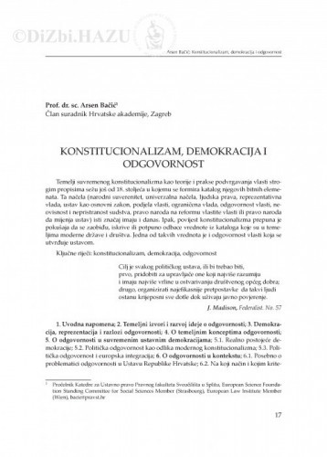 Konstitucionalizam, demokracija i odgovornost : [uvodno izlaganje] / Arsen Bačić