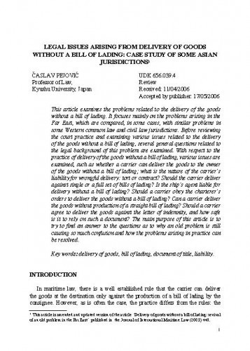 Legal issues arising from delivery of goods without a bill of lading : Case study of some Asian jurisdictions / Časlav Pejović