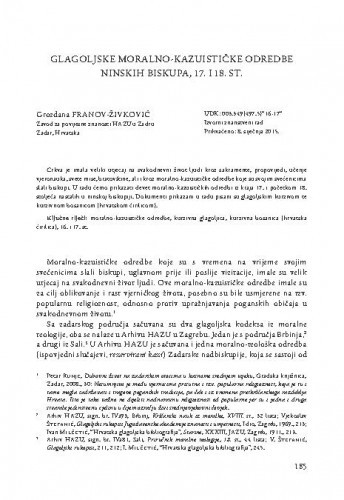 Glagoljske moralno-kazuističke odredbe ninskih biskupa, 17. i 18. st. / Grozdana Franov-Živković