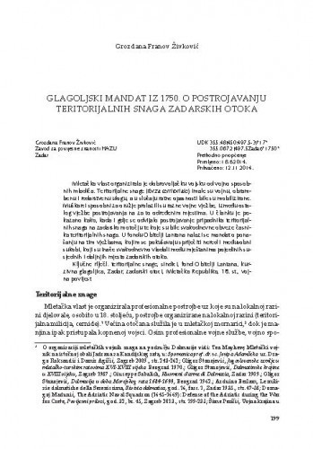 Glagoljski mandat iz 1750. o postrojavanju teritorijalnih snaga zadarskih otoka / Grozdana Franov Živković