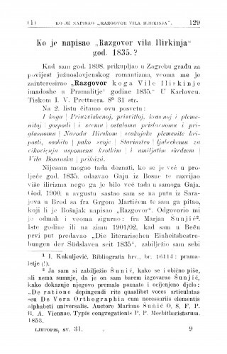 Ko je napisao "Razgovor vila Ilirkinja" god. 1835? / M. Murko