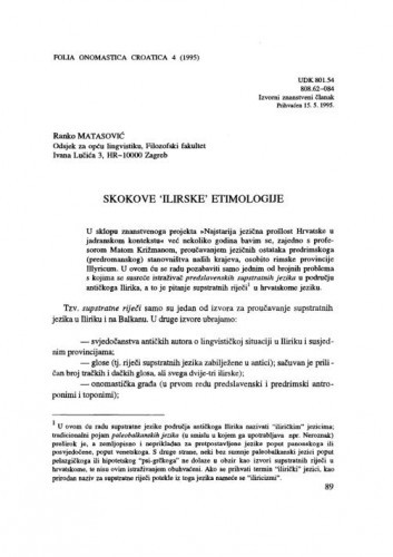 Skokove "ilirske" etimologije / Ranko Matasović