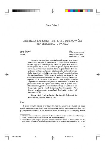 Anselmo Banduri (1675.-1743.), dubrovački benediktinac u Parizu / Jelena Puškarić