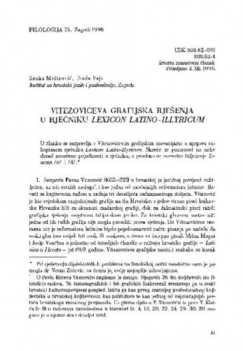 Vitezovićeva grafijska rješenja u rječniku Lexicon latino-illyricum / Zrnka Meštrović, Nada Vajs