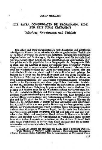 <Die> Sacra Congregatio de Propaganda Fide zur Zeit Juraj Križanić's : Gründung, Zielsetzungen und Tätigkeit / Josef Metzler