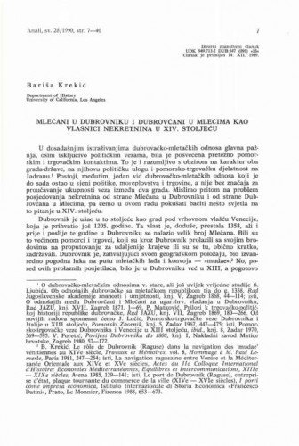 Mlečani u Dubrovniku i Dubrovčani u Mlecima kao vlasnici nekretnina u XIV. stoljeću / Bariša Krekić