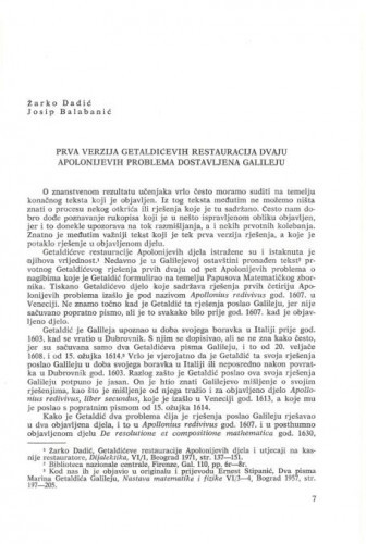 Prva verzija Getaldićevih restauracija dvaju Apolonijevih problema dostavljena Galileju / Žarko Dadić i Josip Balabanić