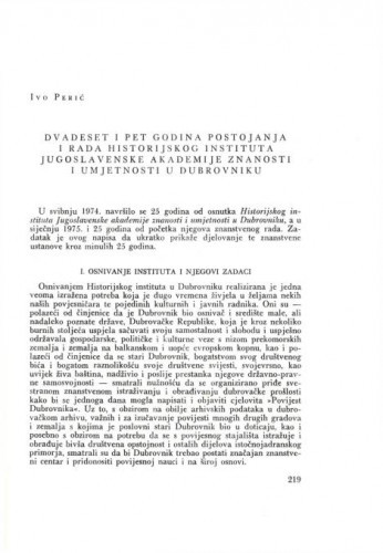 Dvadeset i pet godina postojanja i rada Historijskog instituta Jugoslavenske akademije znanosti i umjetnosti u Dubrovniku / Ivo Perić