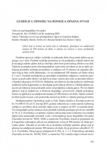 Gliser je u odnosu na ronioca opasna stvar (Vrhovni sud Republike Hrvatske, presuda br. Rev 31/2018-2 od 26. studenog 2019.) : [prikaz] / Vesna Skorupan Wolff
