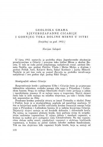 Geološka građa sjevero-zapadne Ćićarije i gornjeg toka doline Mirne u Istri : (Izvještaj za god. 1952.) / M. Salopek