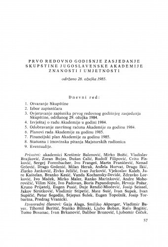 Prvo redovno godišnje zasjedanje Skupštine Jugoslavenske akademije znanosti i umjetnosti održano 28. ožujka 1985 : [zasjedanja Akademije]