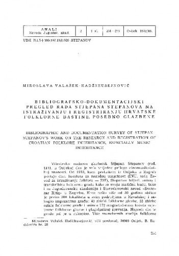 Bibliografsko-dokumentacijski pregled rada Stjepana Stepanova na istraživanju i registriranju hrvatske folklorne baštine, posebno glazbene / Miroslava Valašek-Hadžihusejnović