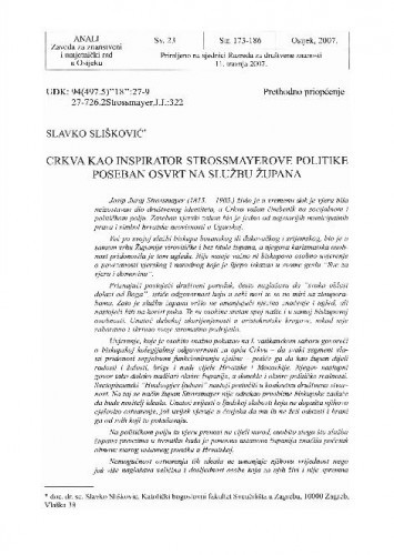 Crkva kao inspirator Stossmayerove politike - poseban osvrt na službu župana / Slavko Slišković