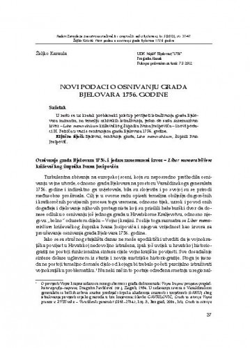 Novi podaci o osnivanju grada Bjelovara 1756. godine / Željko Karaula